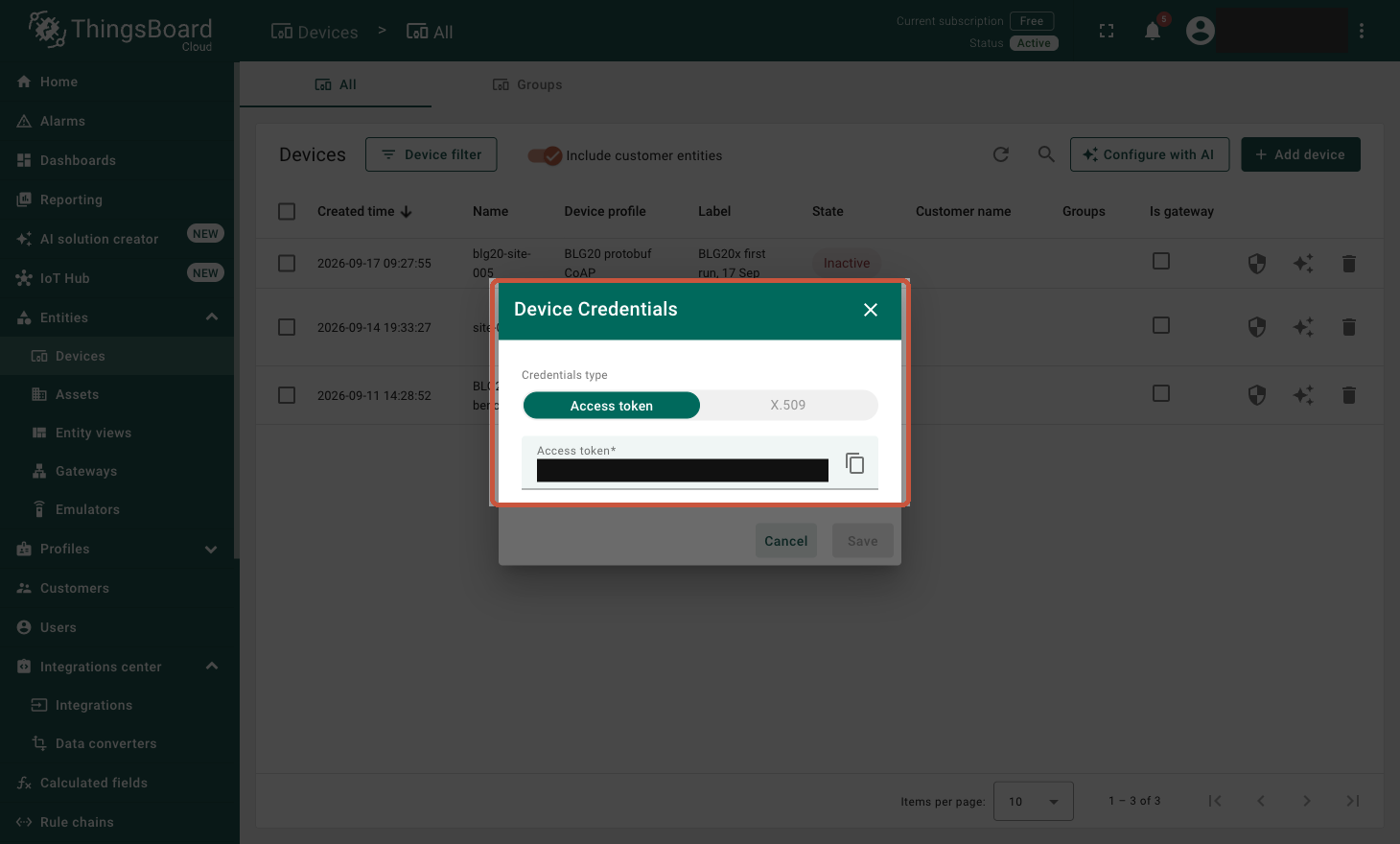 The device's access token, masked in this guide