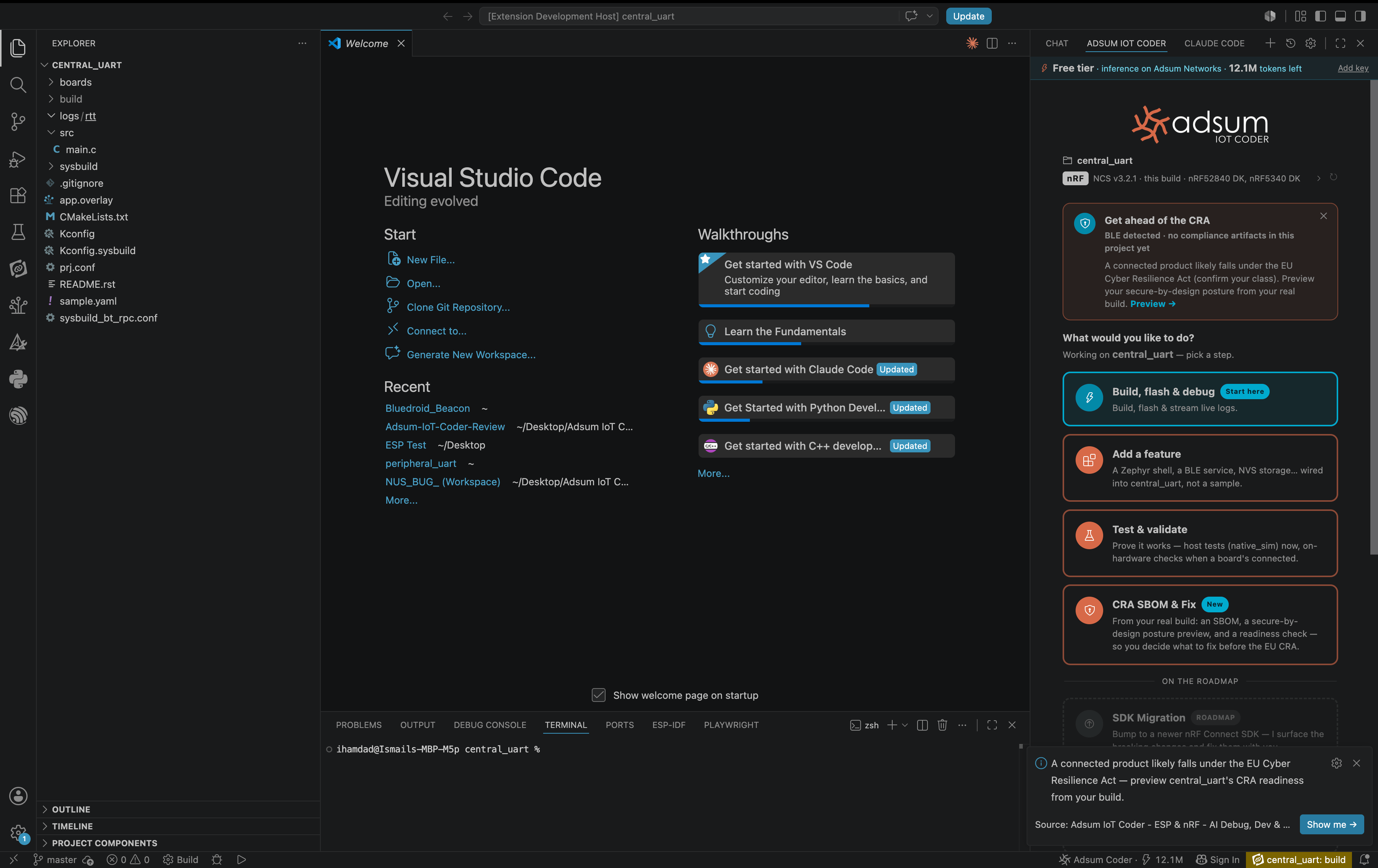 Adsum IoT Coder with an nRF project (central_uart, NCS 3.2.1) open in VS Code: the panel reads the project, detects the boards, and offers workflow cards including Build/flash & debug, Add a feature, Test & validate, and CRA SBOM & Fix