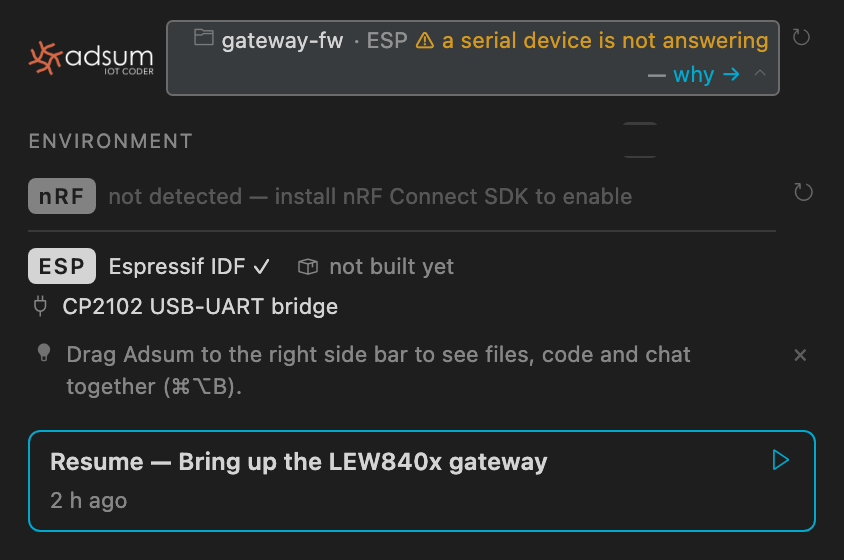 The environment full view after why: Espressif IDF detected, not built yet, CP2102 USB-UART bridge listed as the device