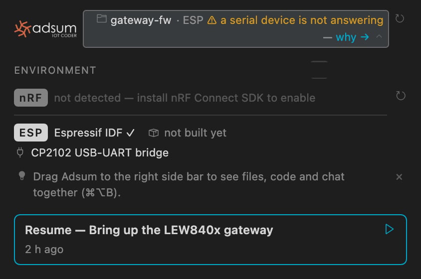 The environment full view after why: Espressif IDF detected, not built yet, CP2102 USB-UART bridge listed as the device