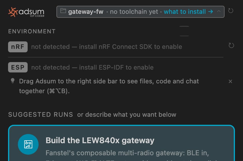 Adsum IoT Coder environment full view: nRF not detected, install nRF Connect SDK to enable; ESP not detected, install ESP-IDF to enable