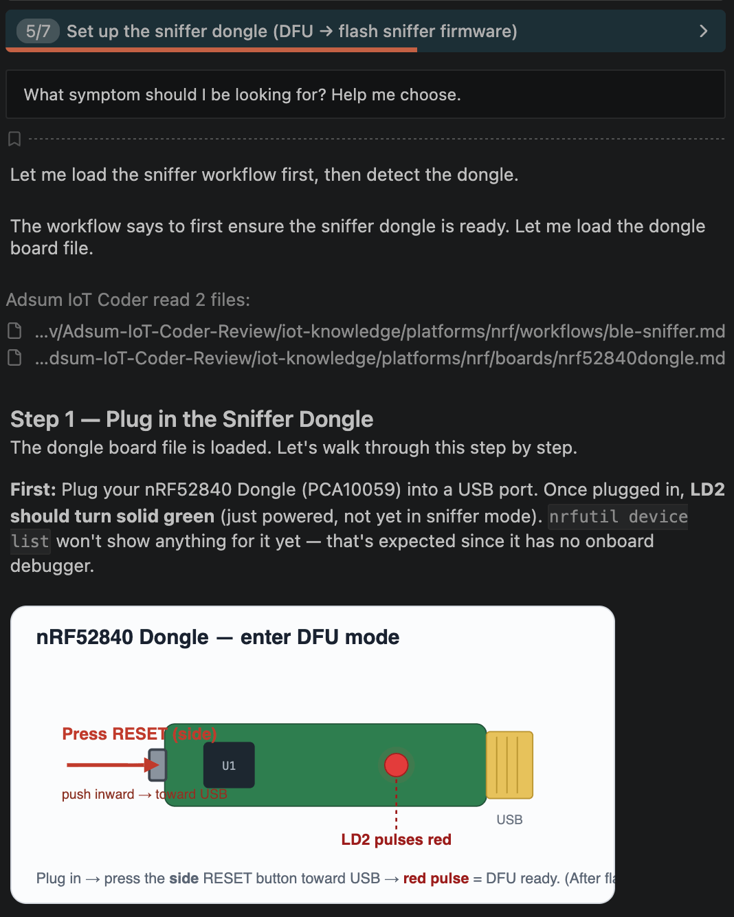 Adsum IoT Coder guided 3-layer debug: the sniffer-dongle setup step of the walkthrough, reading curated nRF knowledge files and rendering a generated nRF52840 dongle DFU-mode diagram, in VS Code