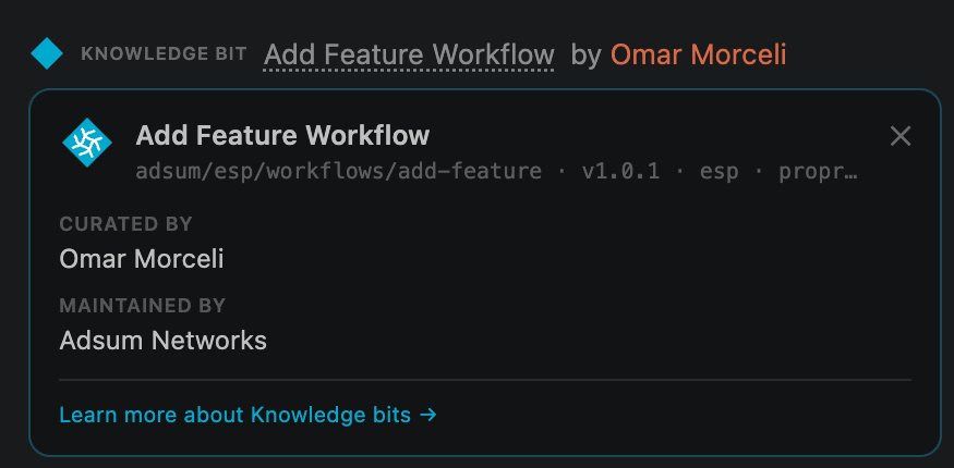 Adsum IoT Coder credit line reading KNOWLEDGE BIT Add Feature Workflow by Omar Morceli, with a provenance card showing Curated by Omar Morceli, Maintained by Adsum Networks, version 1.0.1
