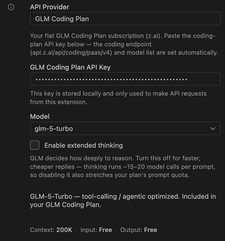Adsum IoT Coder settings: GLM Coding Plan provider with API key, model glm-5-turbo, an extended-thinking toggle, and 200K context