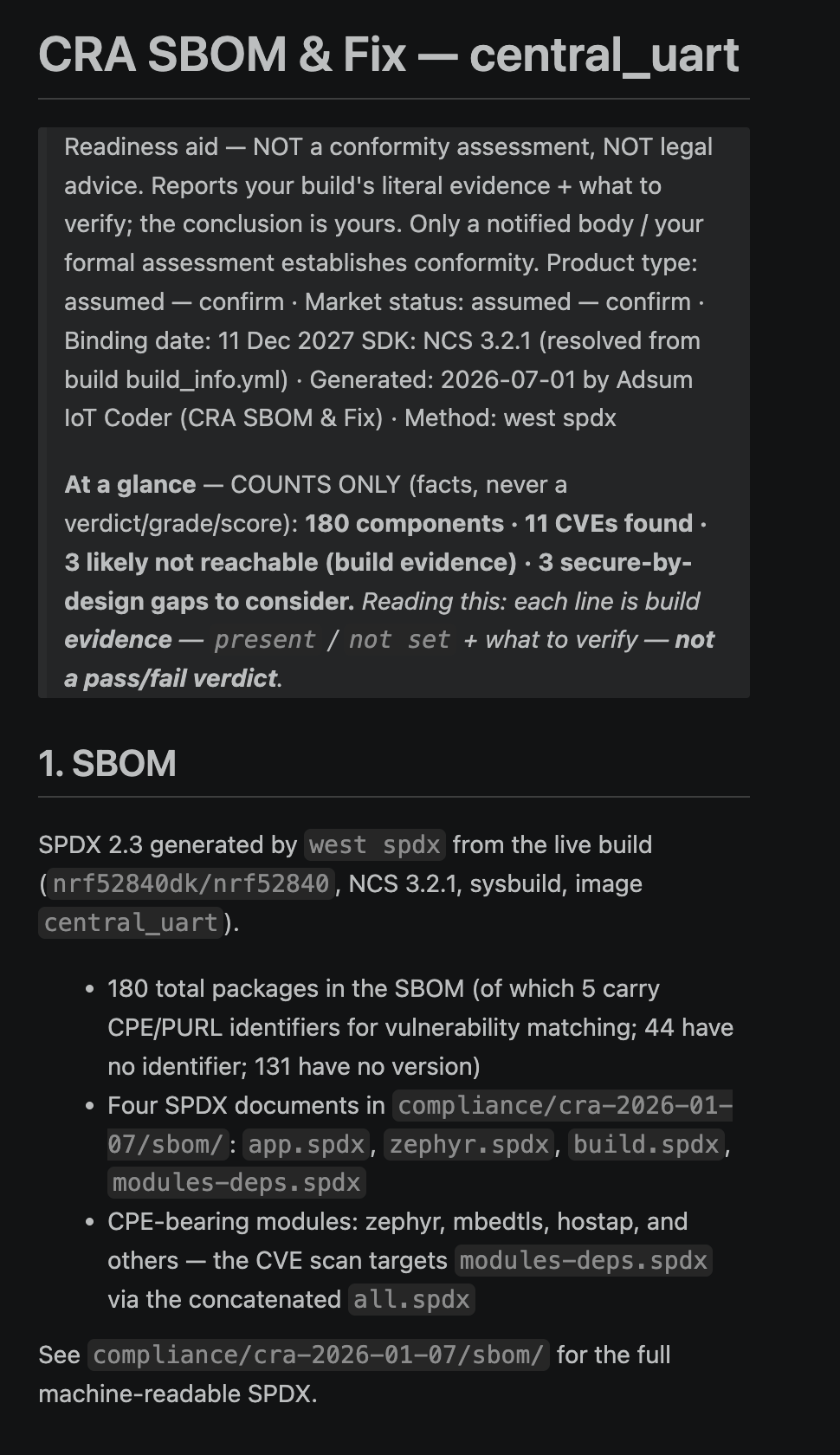 Adsum IoT Coder CRA readiness report with the readiness-aid disclaimer, a component and CVE count, and the SPDX SBOM section for the EU Cyber Resilience Act