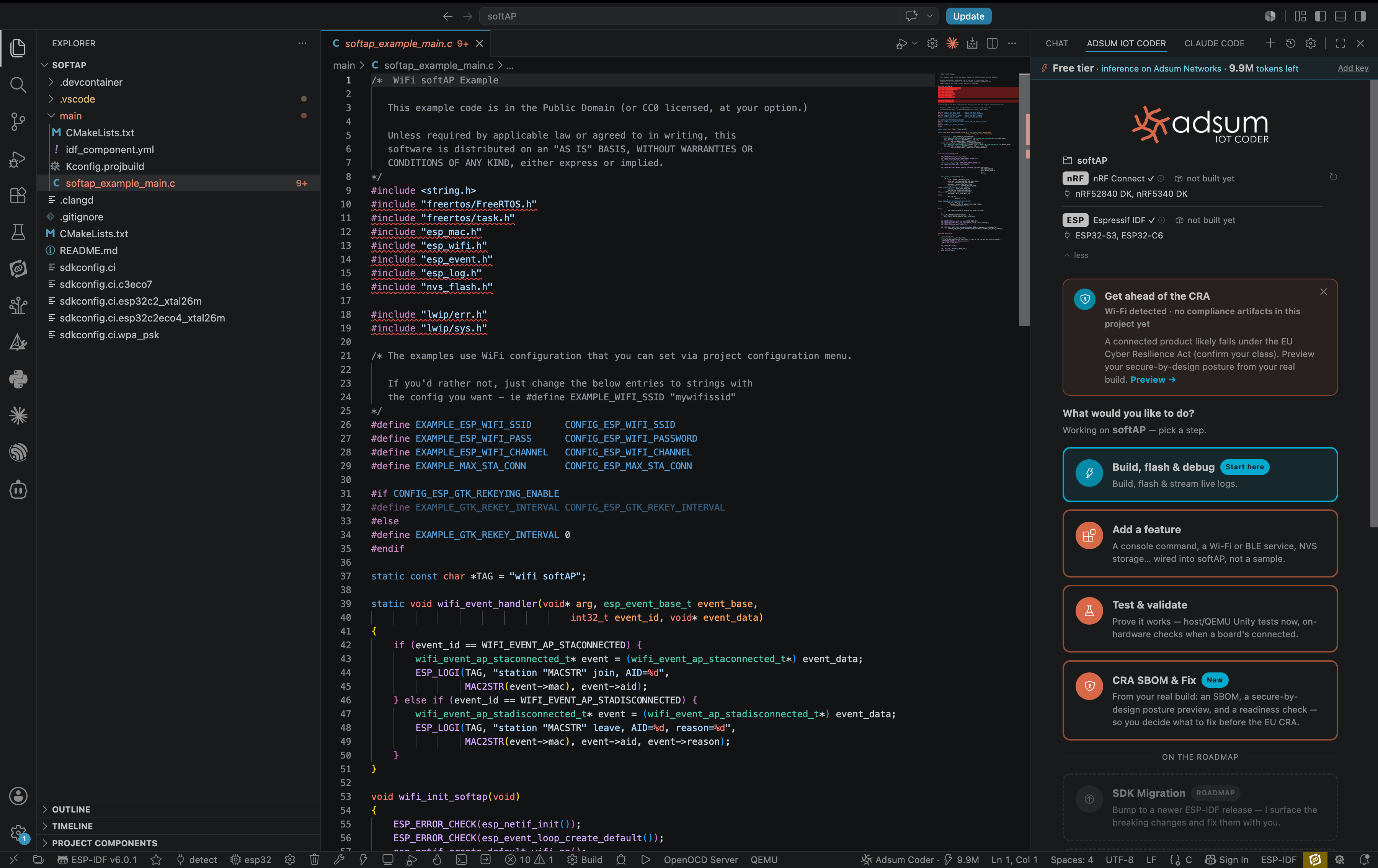 Adsum IoT Coder with an ESP-IDF Wi-Fi softAP project open in VS Code: the panel detects Espressif ESP-IDF and ESP32-S3 / ESP32-C6, a 'Get ahead of the CRA' Wi-Fi prompt, and the workflow cards including CRA SBOM & Fix