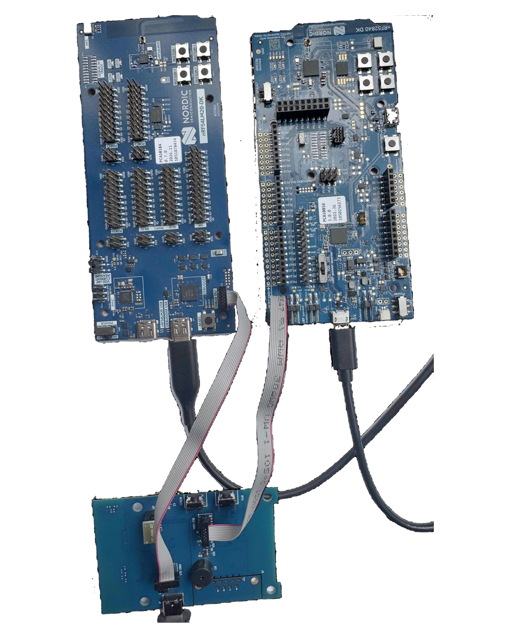 The same setup from the other side of the BLG20x board, showing where the two ribbon cables plug into its debug headers