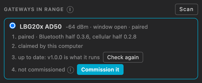 Gateways in range: LBG20x AD50, window open and paired; 1 paired with its two firmware versions, 2 claimed by this computer, 3 up to date with Check again, 4 not commissioned with Commission it