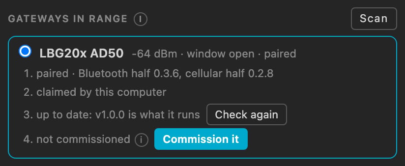 Gateways in range: LBG20x AD50, window open and paired; 1 paired with its two firmware versions, 2 claimed by this computer, 3 up to date with Check again, 4 not commissioned with Commission it