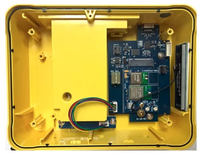 The LBG20x opened: the mainboard and its M.2 radio card inside the enclosure