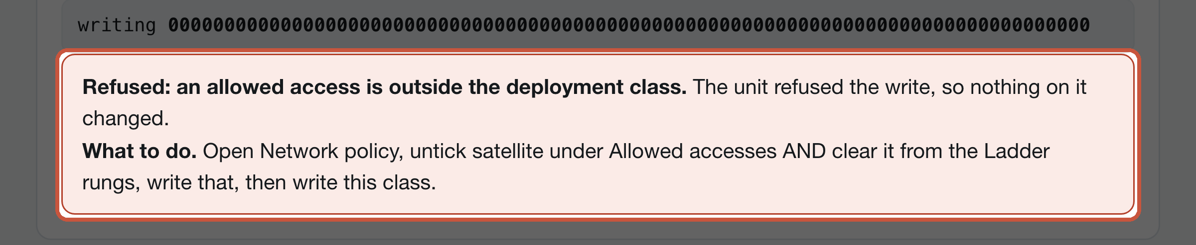 The unit refusing the class write and naming the rule