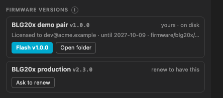 Firmware versions: BLG20x demo pair v1.0.0, yours and on disk, licensed until 2027-10-09, with Flash and Open folder; BLG20x production v2.3.0, renew to have this, with Ask to renew