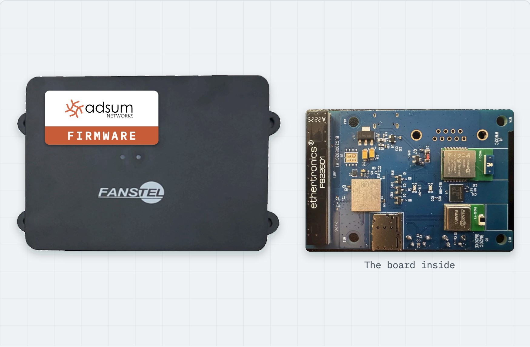 The BLG20x enclosure, 90 mm wide, with its Adsum firmware label and the board inside, drawn to the same scale as the LBG20x