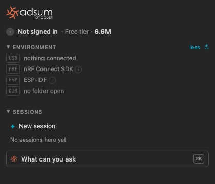 The Adsum IoT Coder rail with no folder open: not signed in on the free tier, nothing connected, no sessions yet, and the What can you ask row