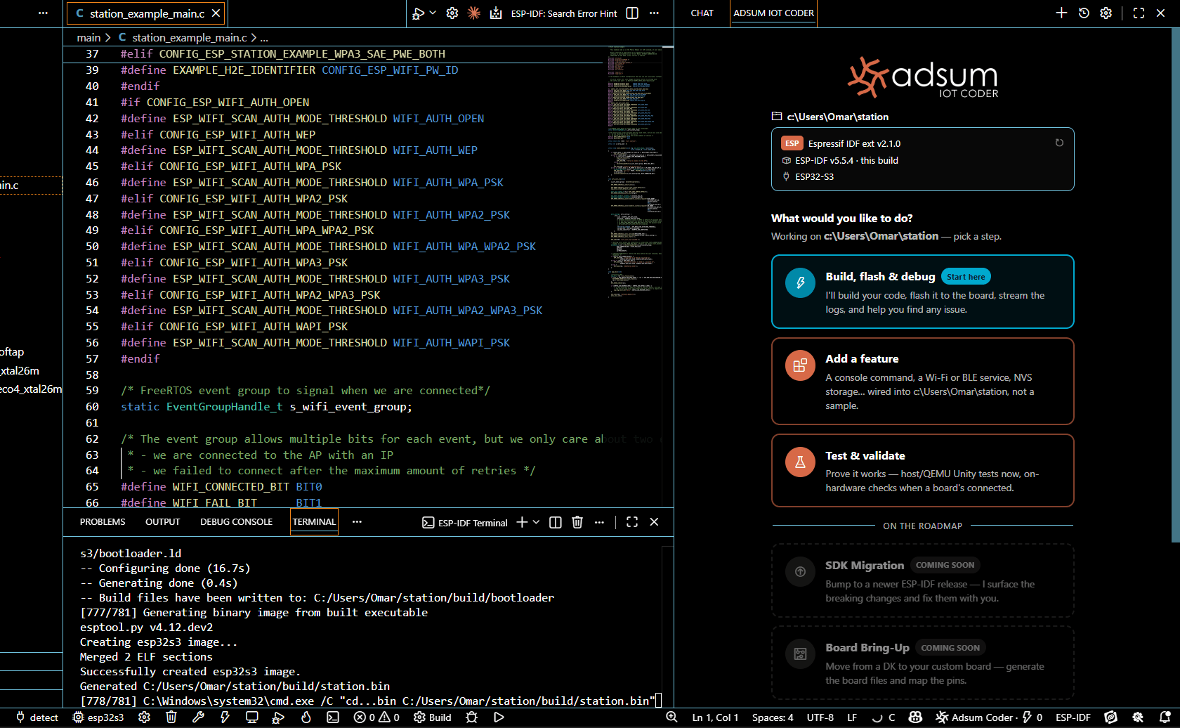 Adsum IoT Coder building ESP-IDF firmware for an ESP32-S3 in VS Code