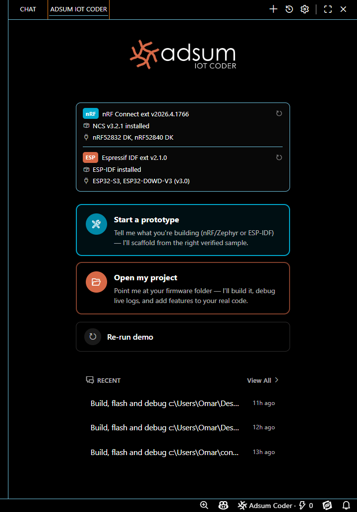 Adsum IoT Coder home: automatic detection of nRF Connect SDK and ESP-IDF toolchains and boards