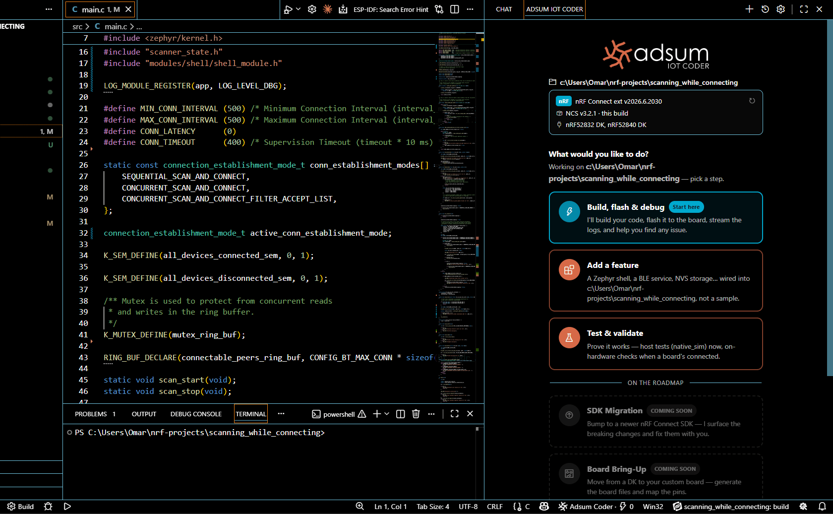 Adsum IoT Coder with an nRF project open: build/flash & debug, add a feature, test & validate, SDK migration, board bring-up