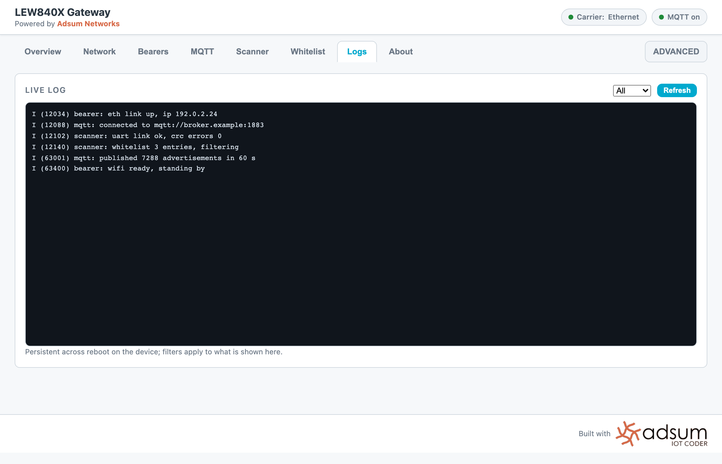 The Logs tab showing the boot and run log with the uplink coming up and advertisements published