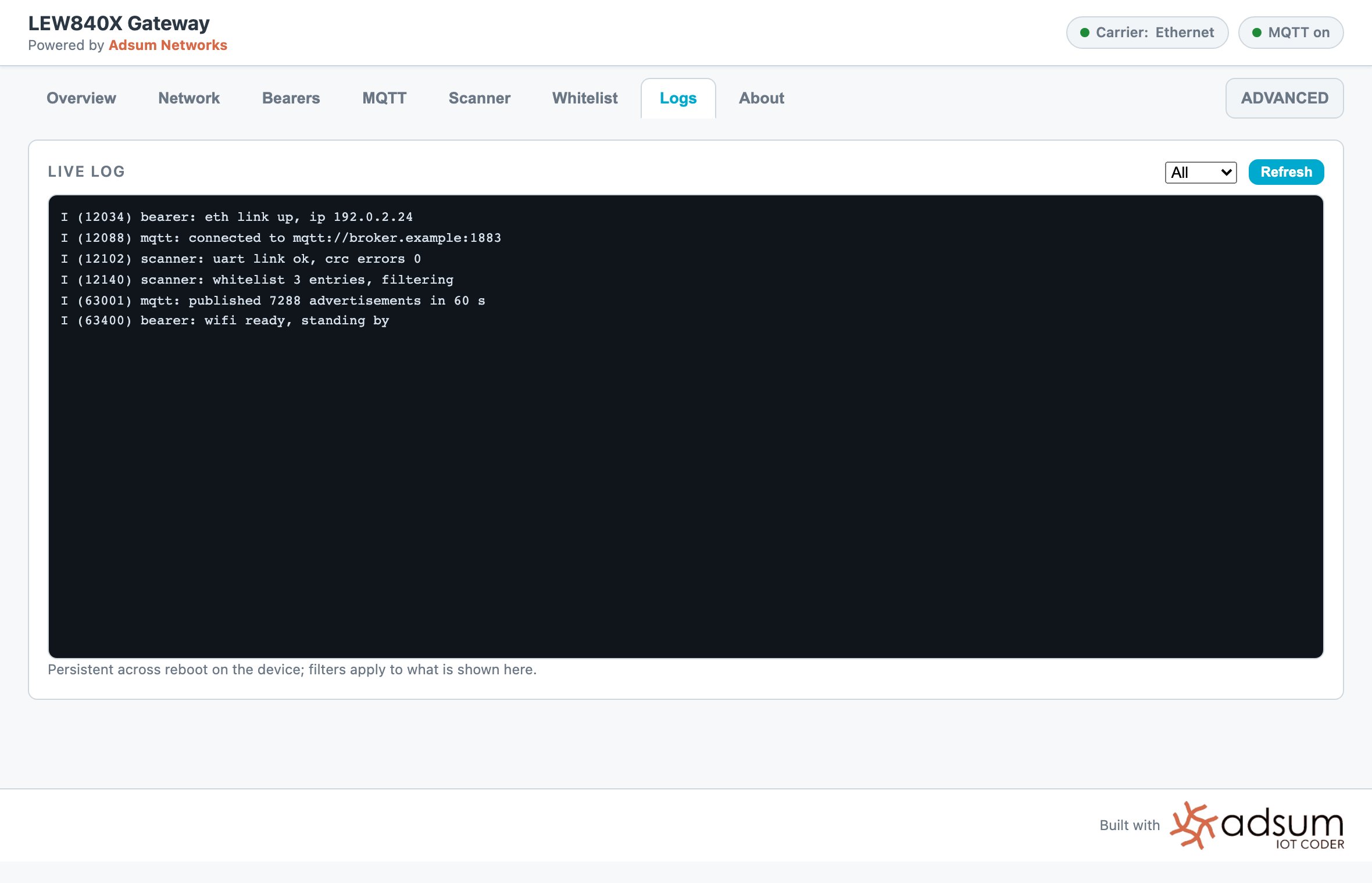 The Logs tab showing the boot and run log with the uplink coming up and advertisements published