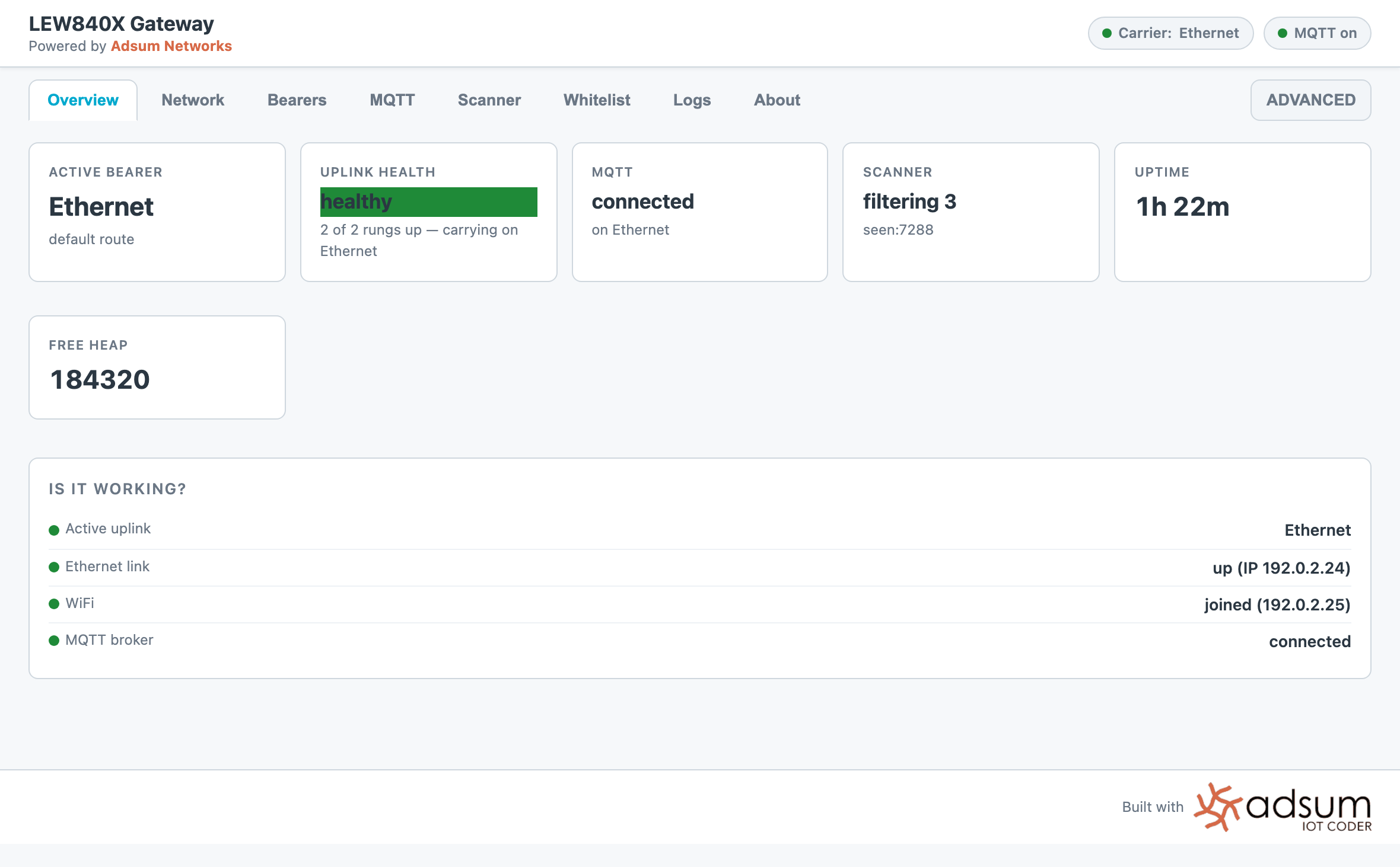The gateway console Overview tab with Ethernet carrying, both links up, MQTT connected and the scanner filtering