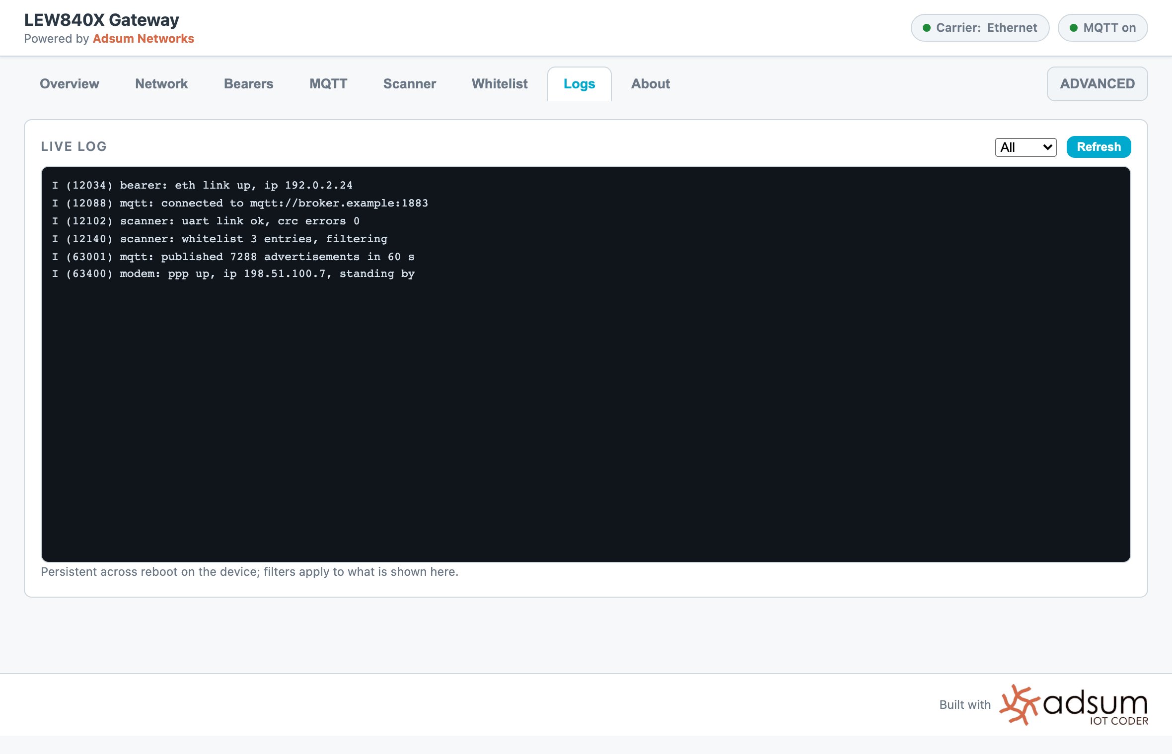 The Logs tab showing the gateway boot and run log with the uplink coming up, MQTT connecting and advertisements published