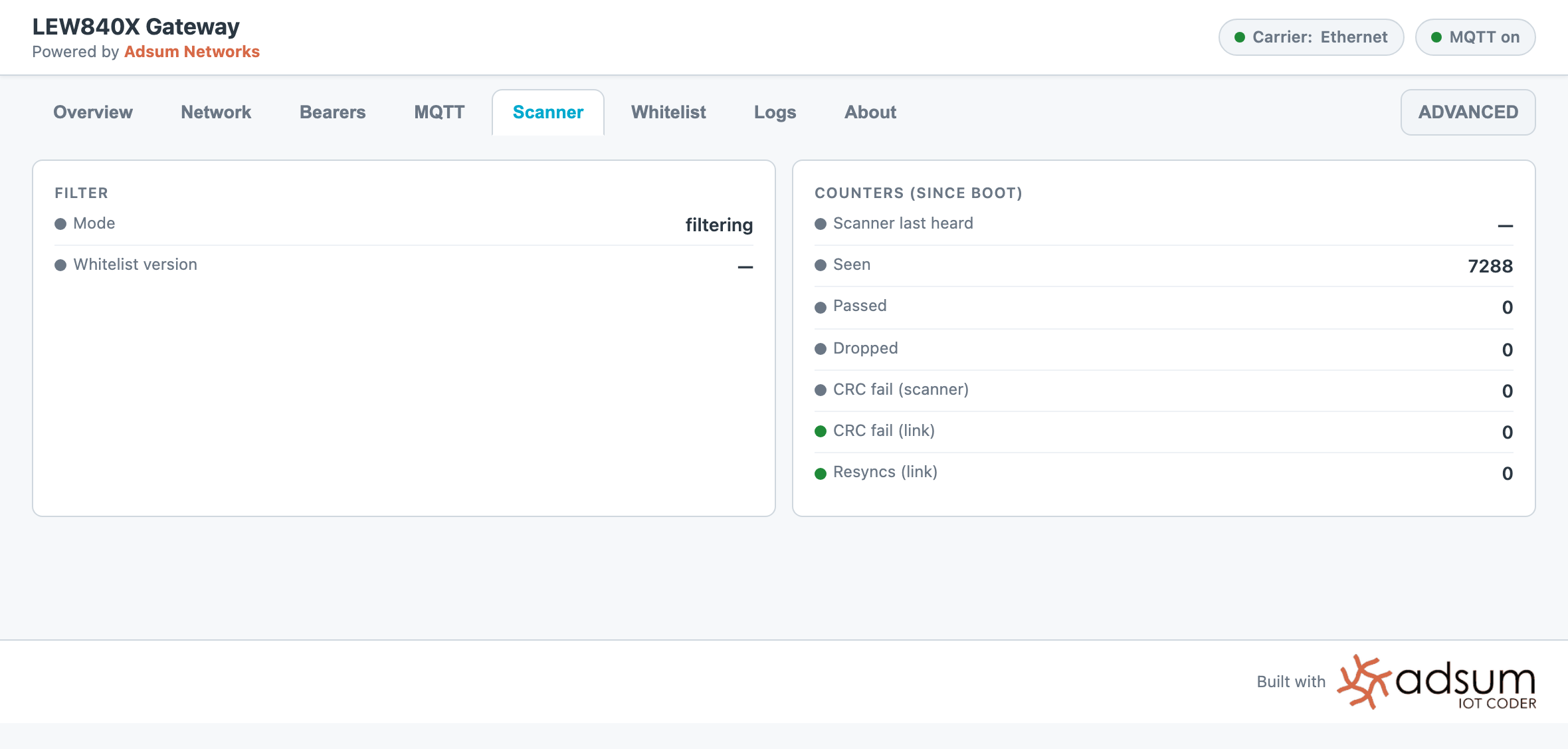The Scanner tab showing the whitelist with three device addresses and the filtering state