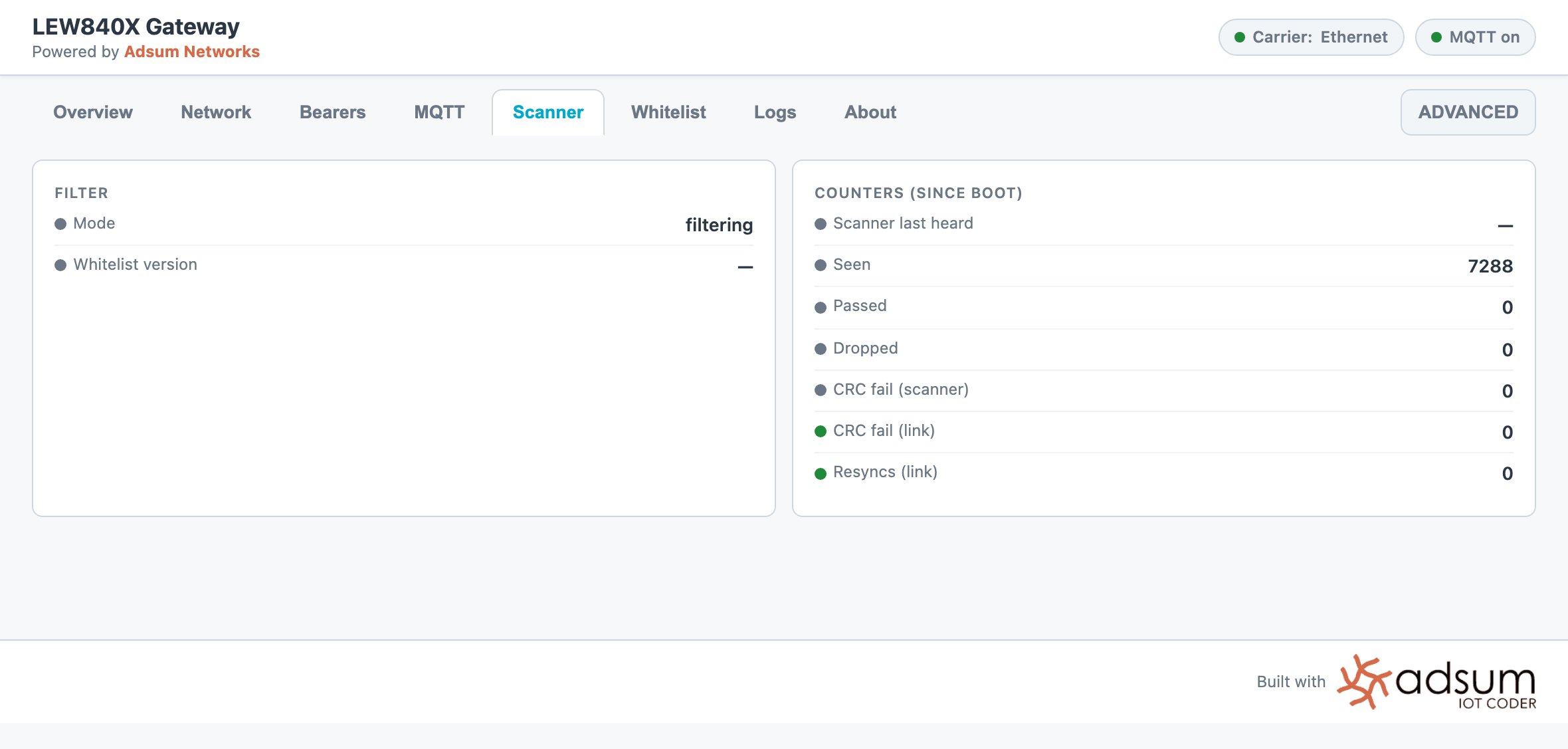 The Scanner tab showing the whitelist with three device addresses and the filtering state