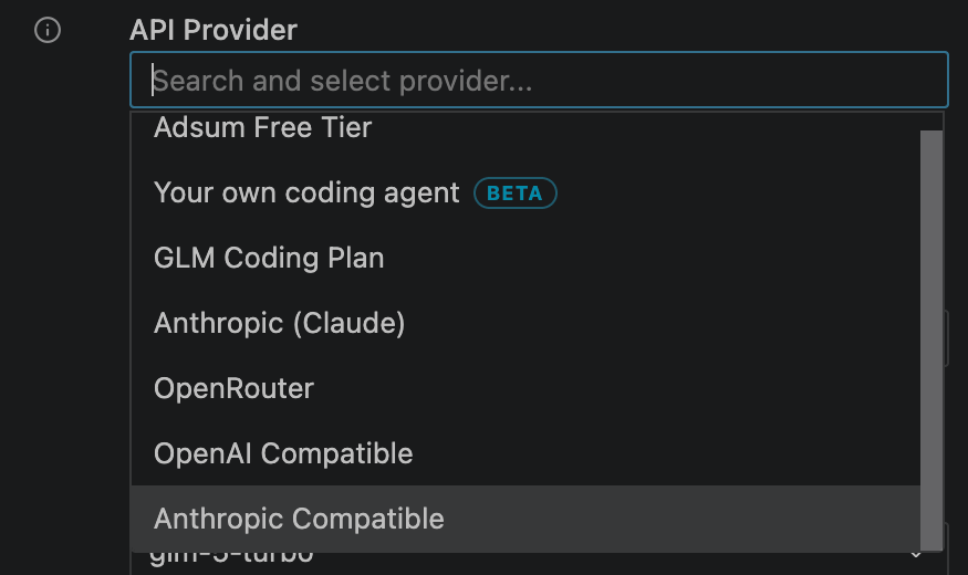 Adsum IoT Coder API provider picker showing Adsum Free Tier, Your own coding agent (beta), GLM Coding Plan, Anthropic (Claude), OpenRouter, OpenAI Compatible, and Anthropic Compatible