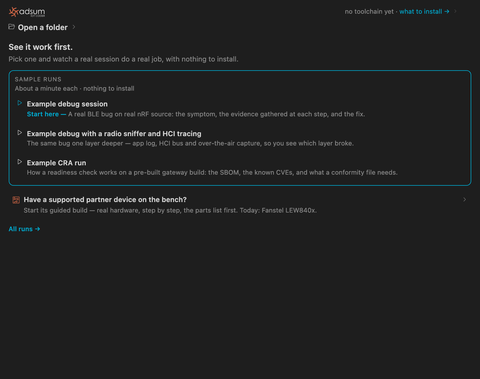Adsum IoT Coder home with no folder open: sample runs including a real BLE debug session, and the locked cellular and gateway runs