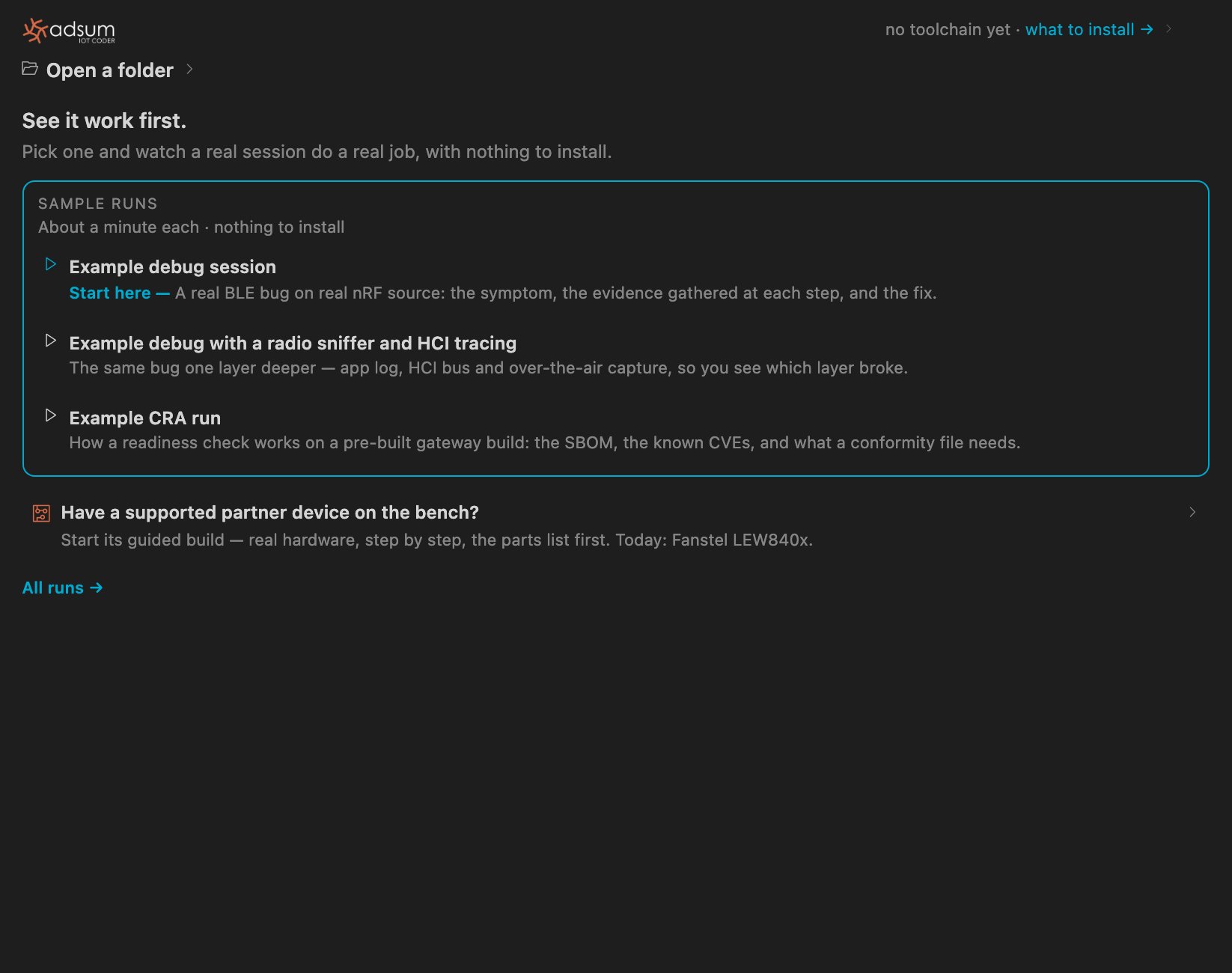 Adsum IoT Coder home with no folder open: sample runs including a real BLE debug session, and the locked cellular and gateway runs