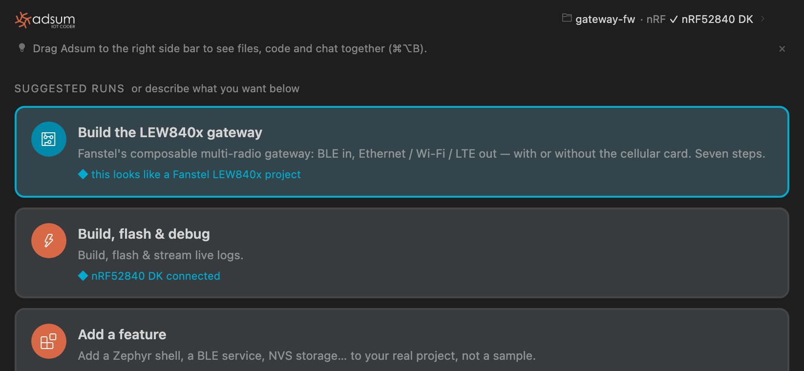 Adsum IoT Coder home with a project open and an nRF52840 DK detected: the header row names the board, and workflow cards are ranked with the reason under each