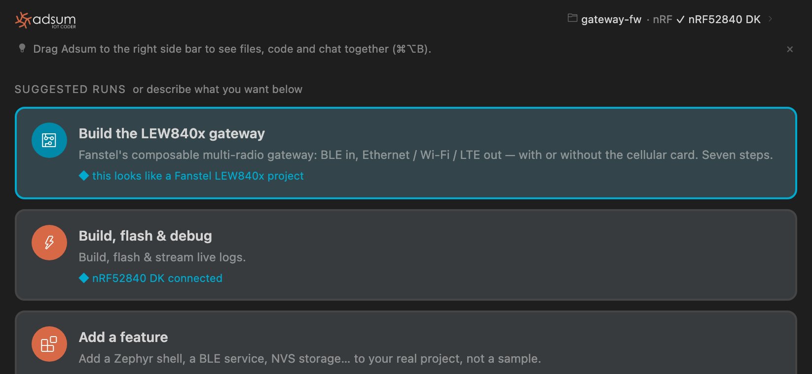 Adsum IoT Coder home with a project open and an nRF52840 DK detected: the header row names the board, and workflow cards are ranked with the reason under each