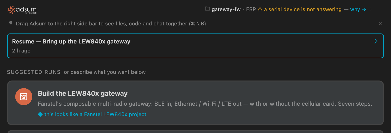 Adsum IoT Coder header row reading ESP: a serial device is not answering, why, in the warning colour