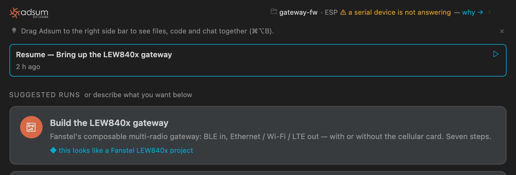 Adsum IoT Coder header row reading ESP: a serial device is not answering, why, in the warning colour