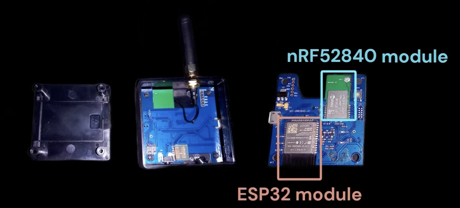 A Fanstel BWG840X taken apart: the back cover, the enclosure with the board inside and its external antenna, and the board itself with the nRF52840 BT840XE module and the ESP32-WROOM-32D module each outlined and labelled