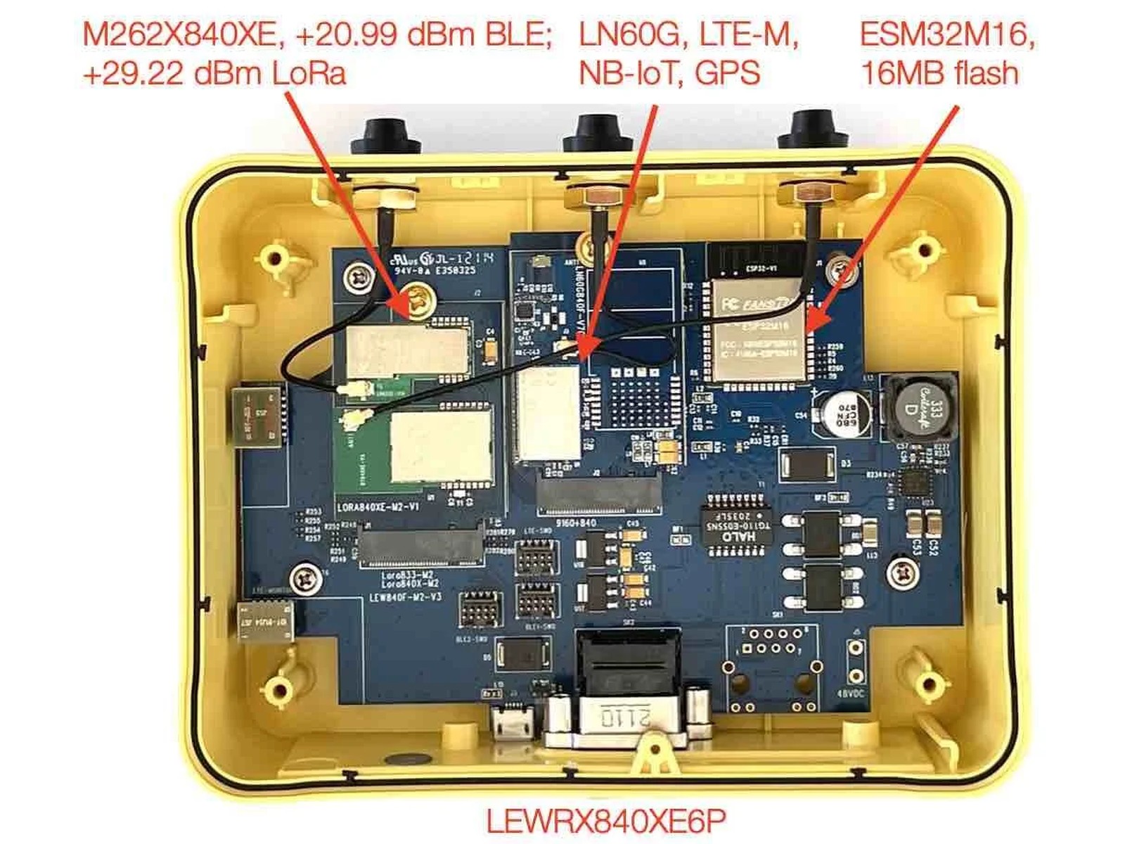 A Fanstel LEWRX840XE6P industrial gateway in its yellow IP65 enclosure, opened to show the board inside