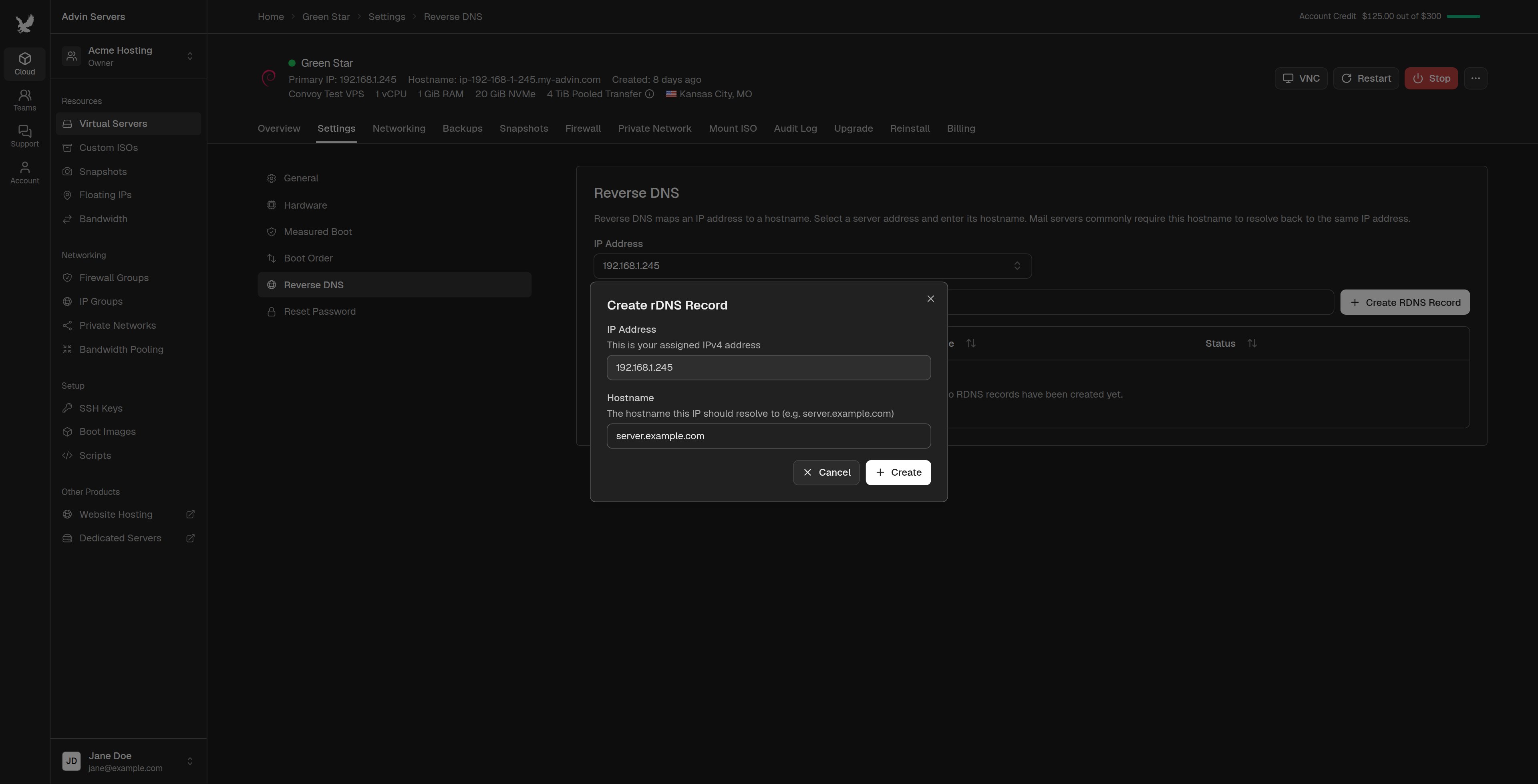 Create rDNS Record dialog with a hostname filled in