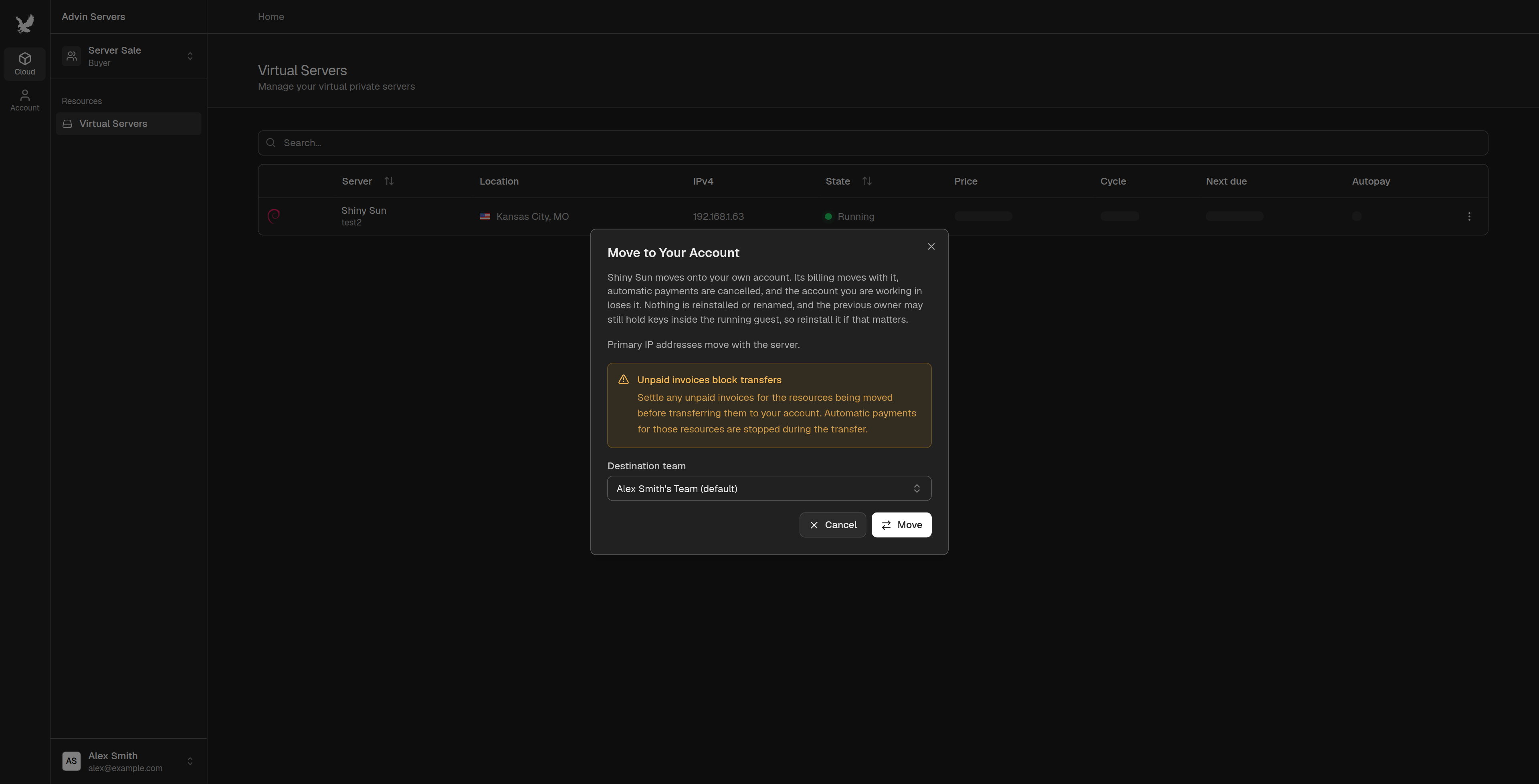 Move to Your Account dialog with the destination team selected