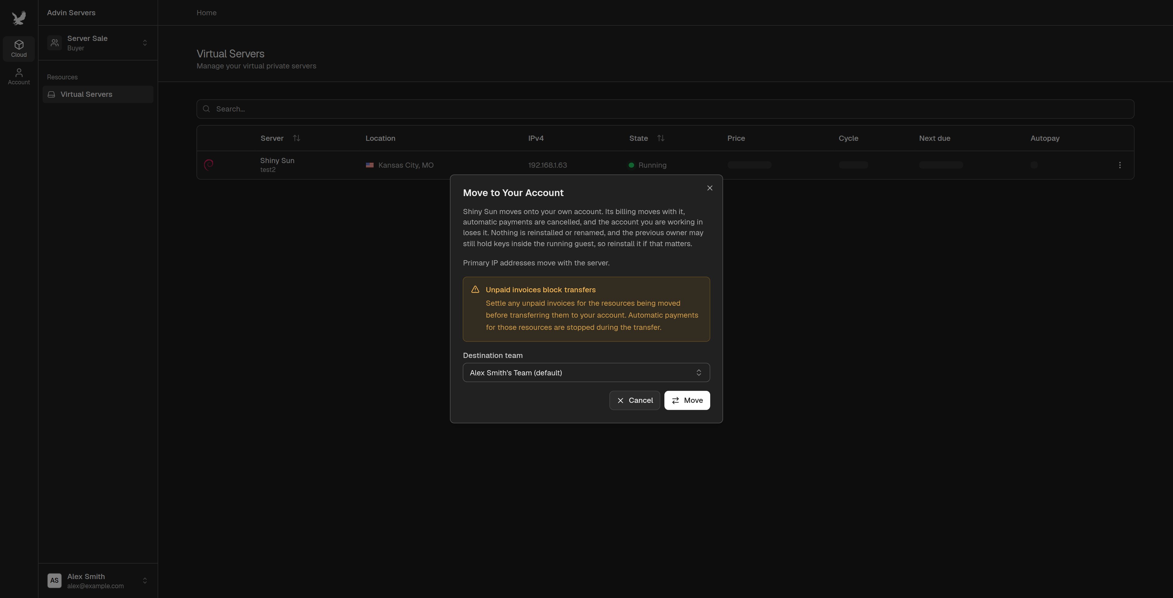 Move to Your Account dialog with the destination team selected