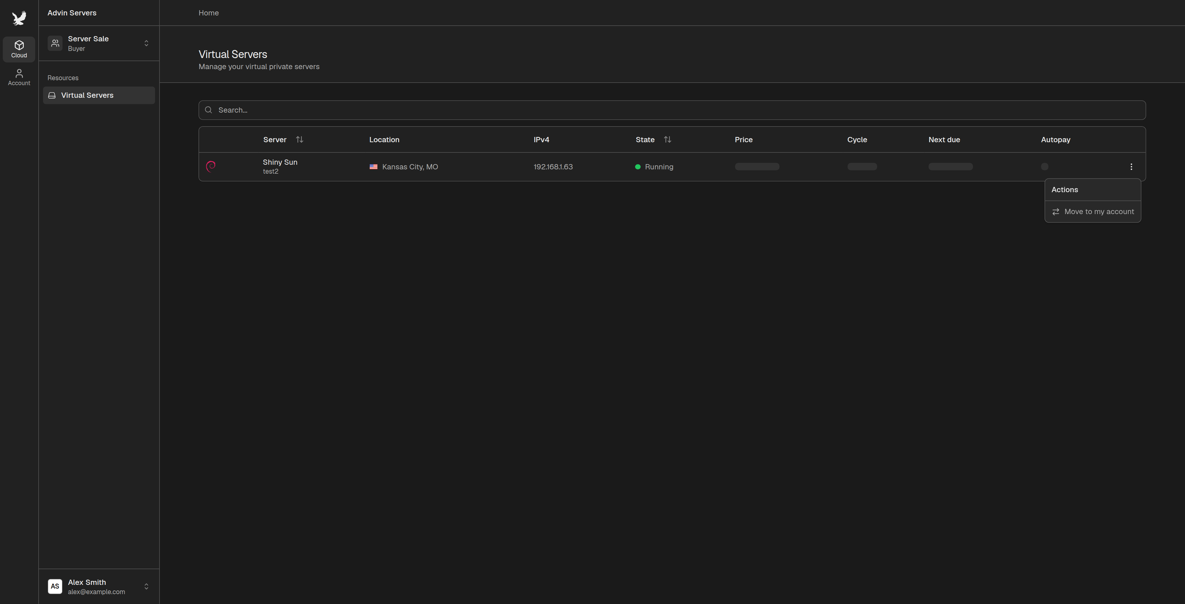 Server row menu showing Move to my account