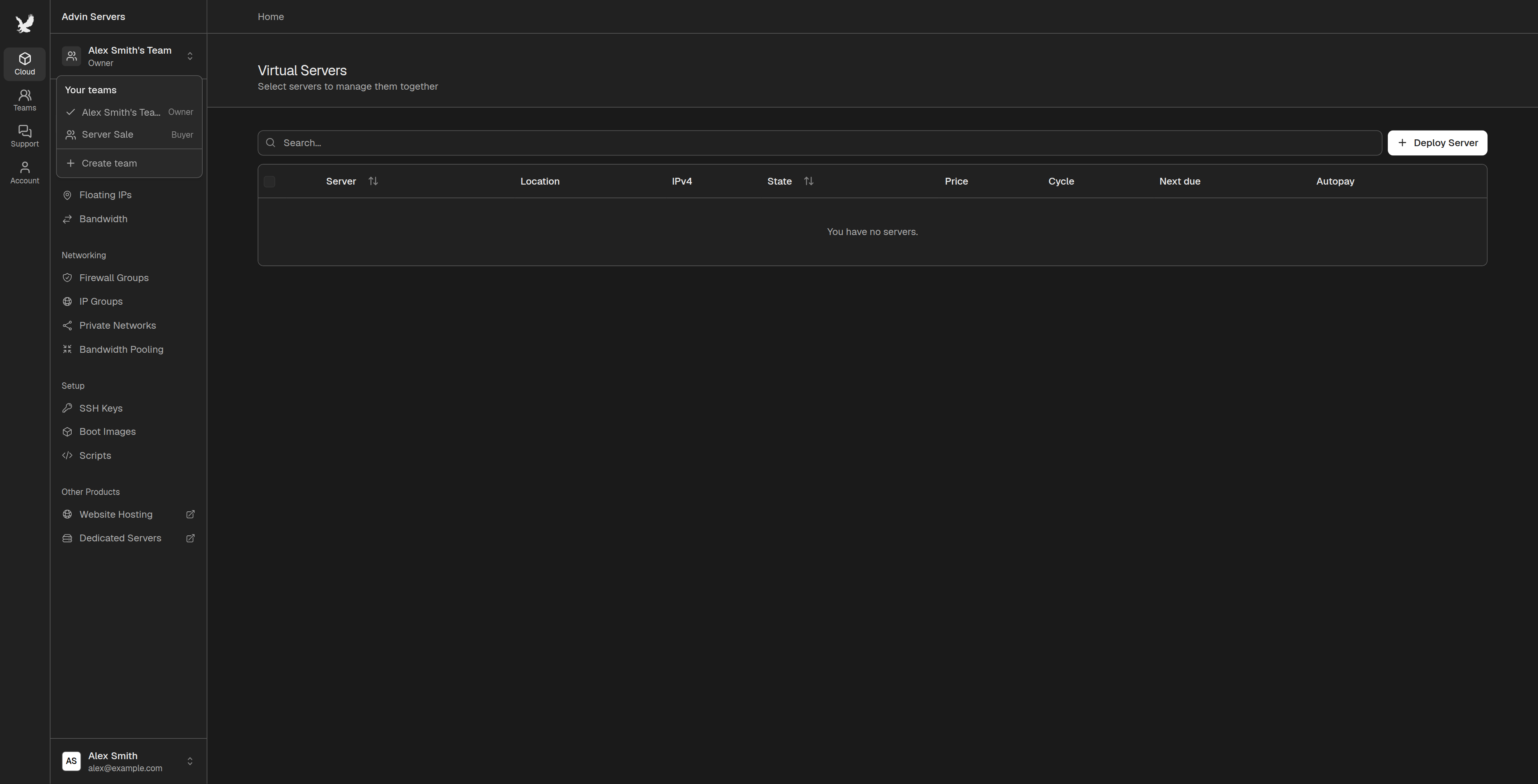 Team menu listing your own team and the seller's Server Sale team