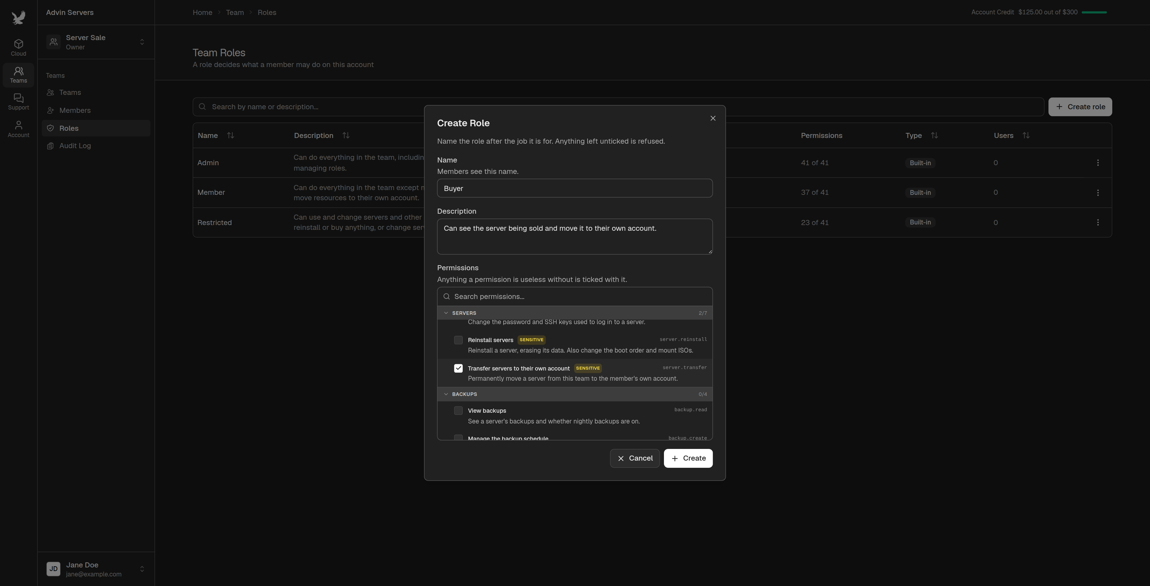 Create Role dialog with Transfer servers to their own account ticked
