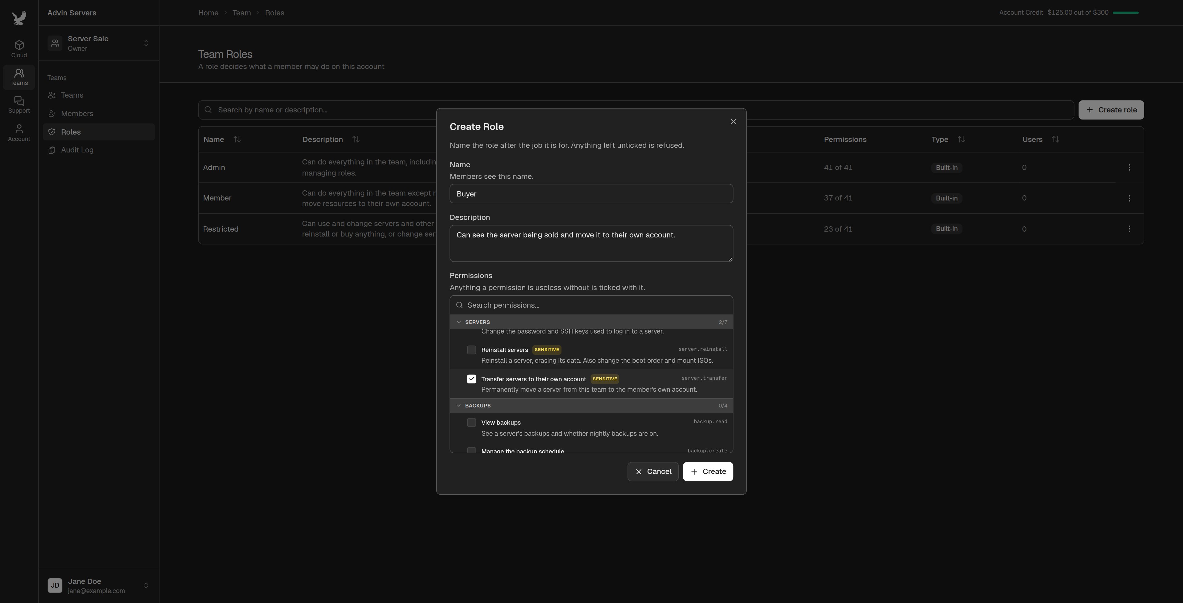 Create Role dialog with Transfer servers to their own account ticked
