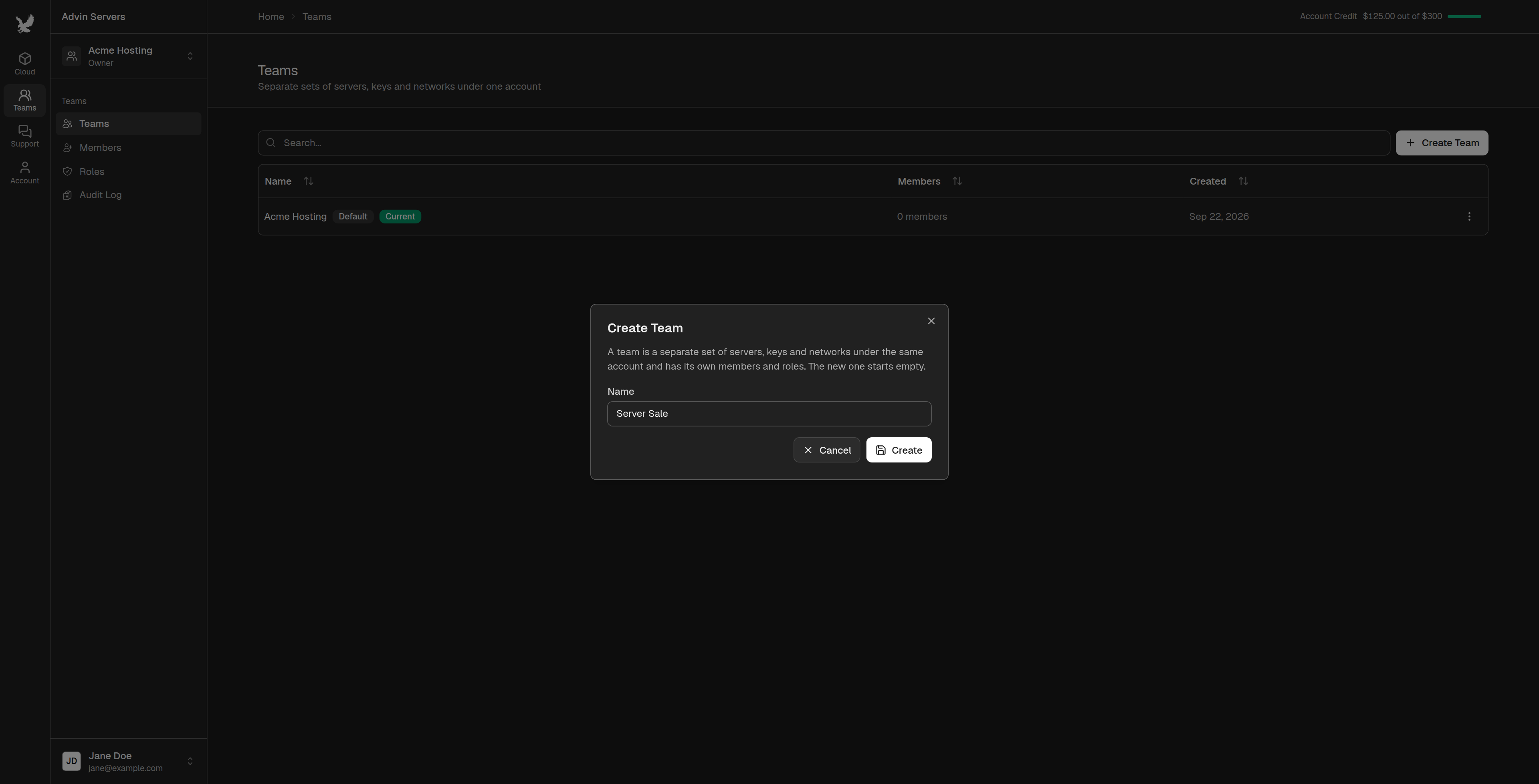 Create Team dialog with the name Server Sale
