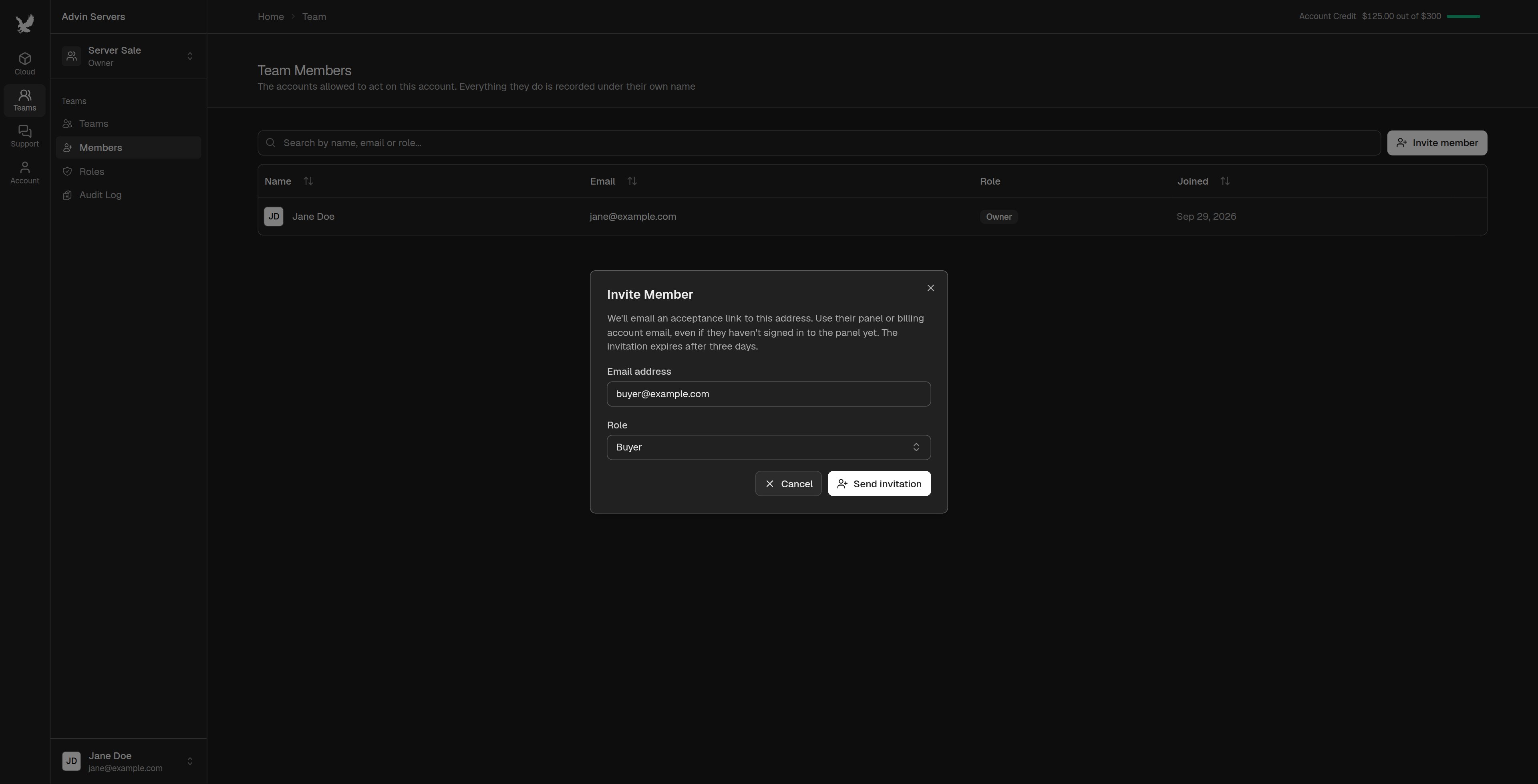 Invite Member dialog with the Buyer role selected