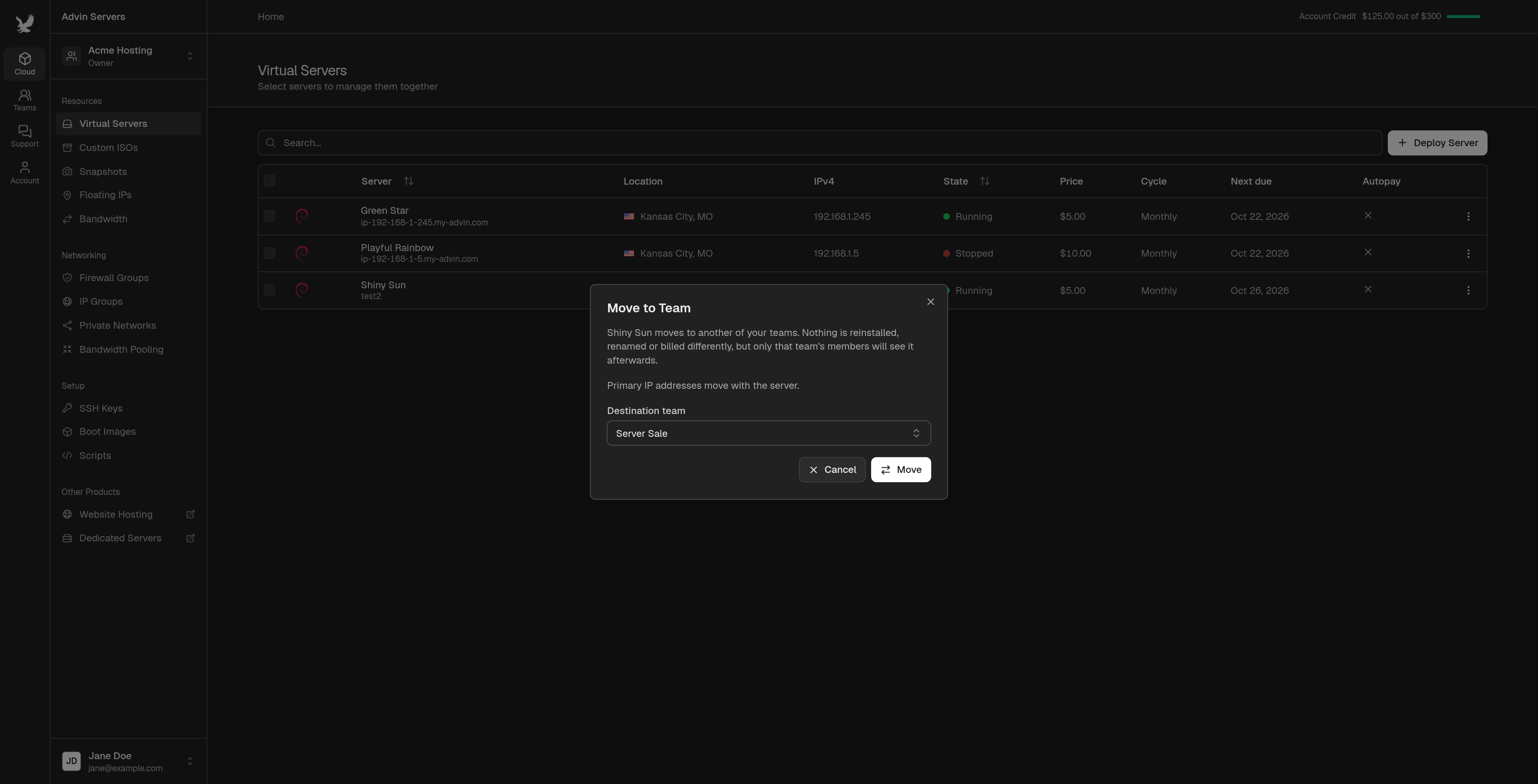 Move to Team dialog with Server Sale as the destination team