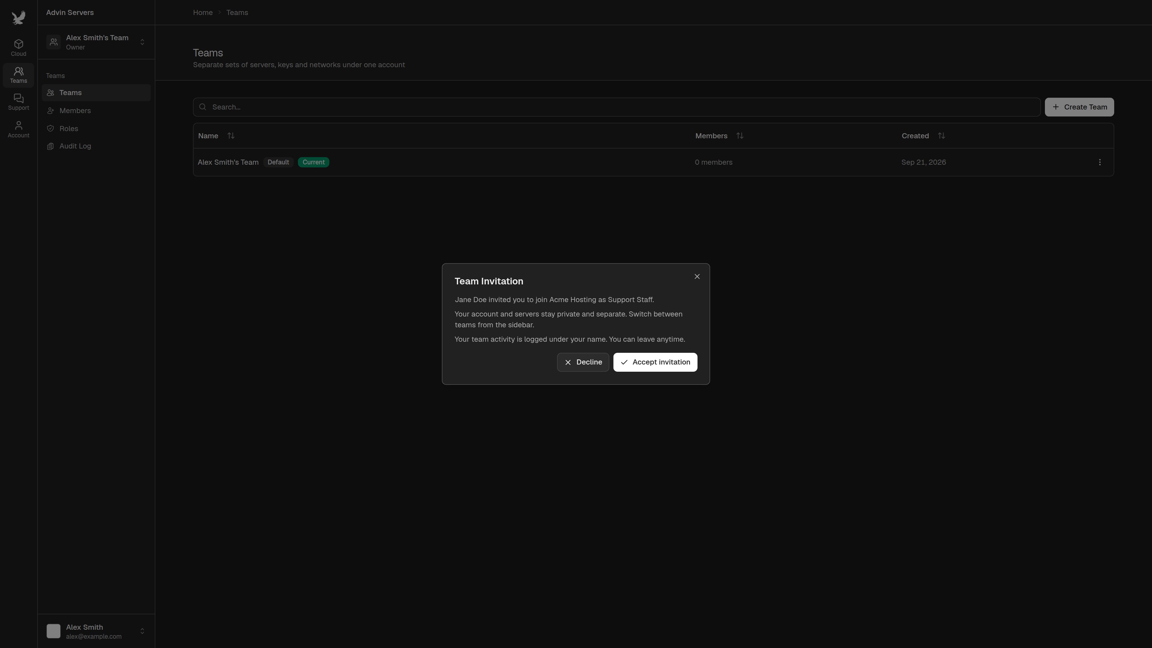 Team Invitation dialog
