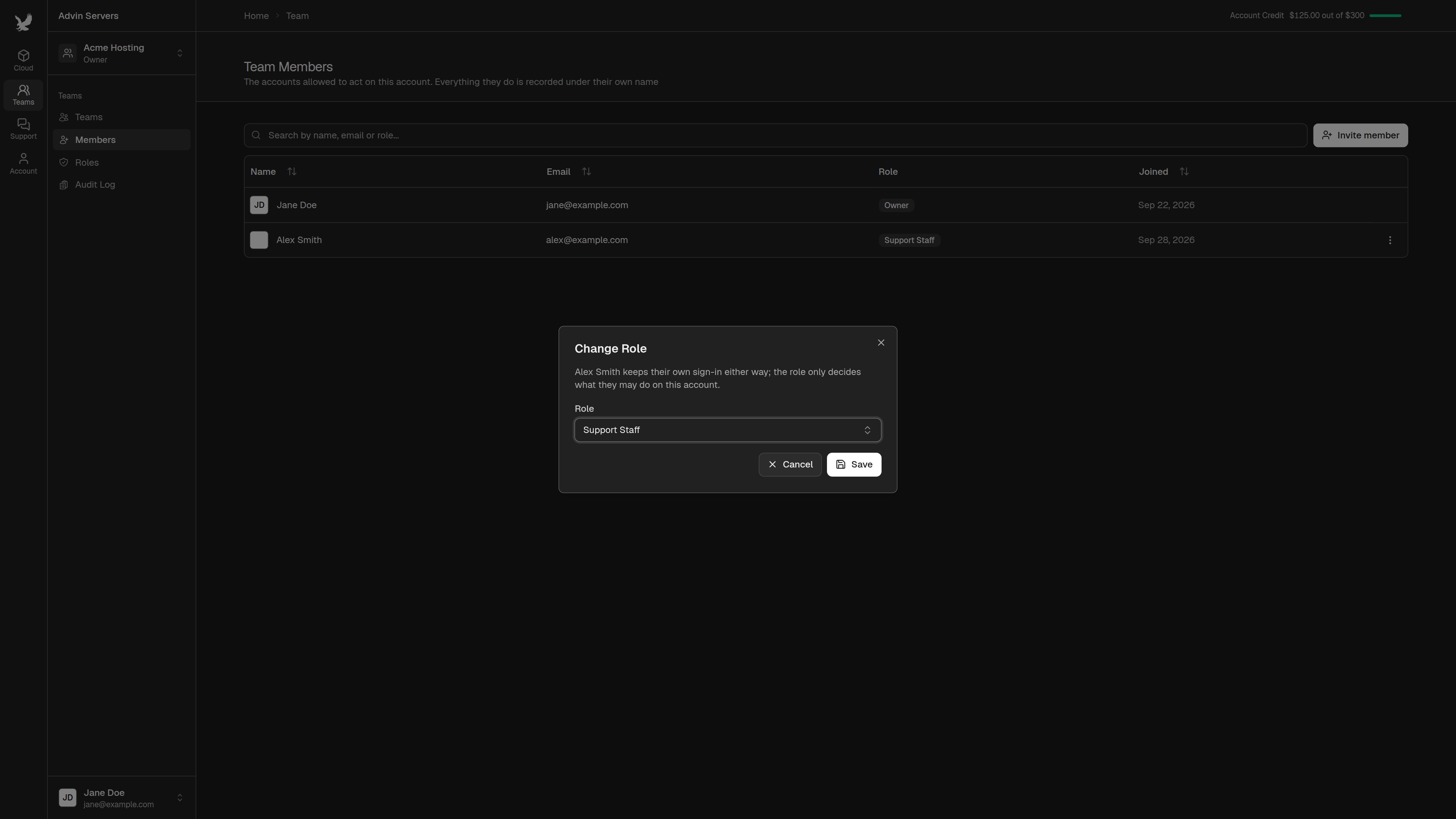 Change Role dialog