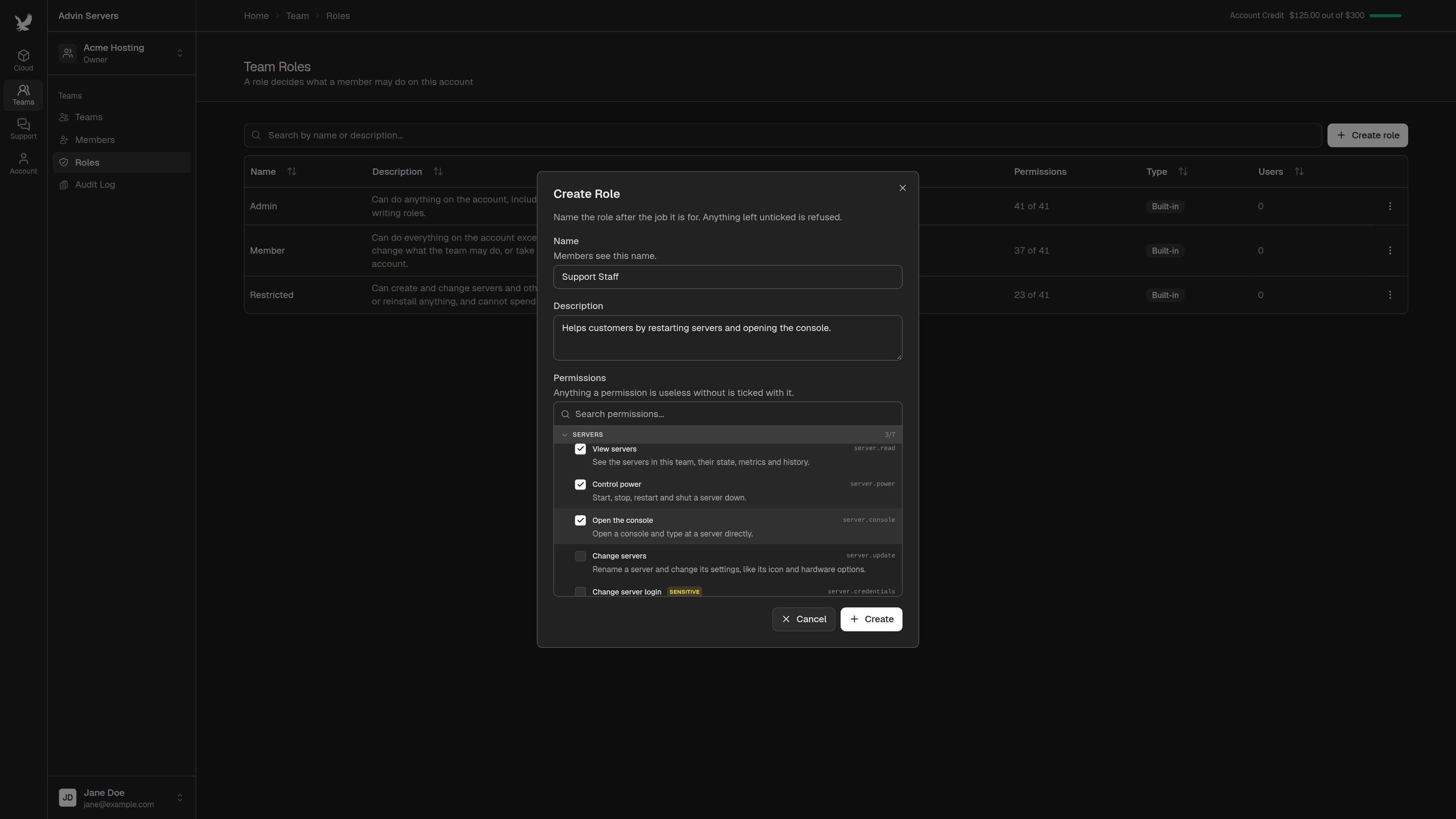 Create Role dialog