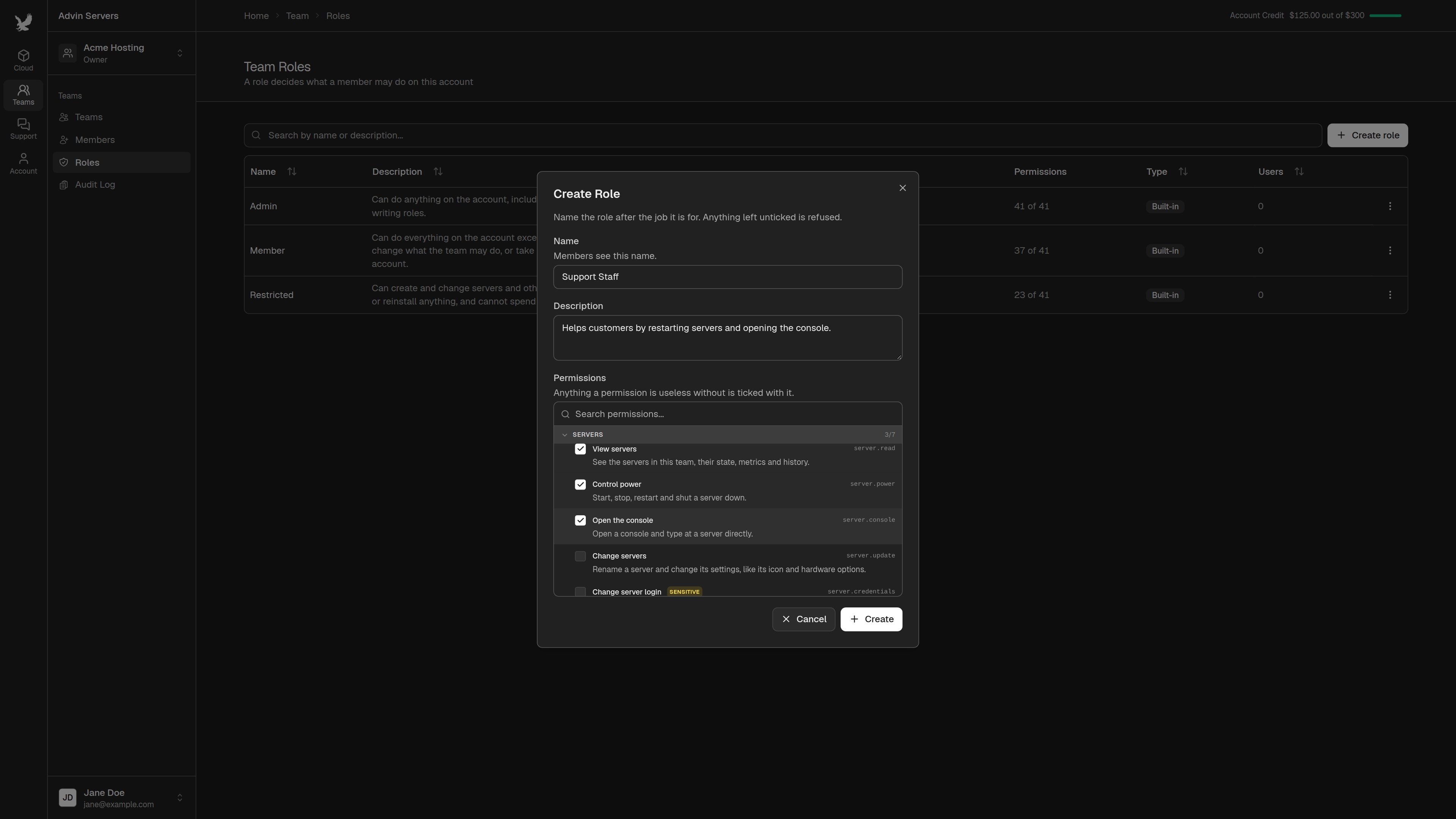 Create Role dialog